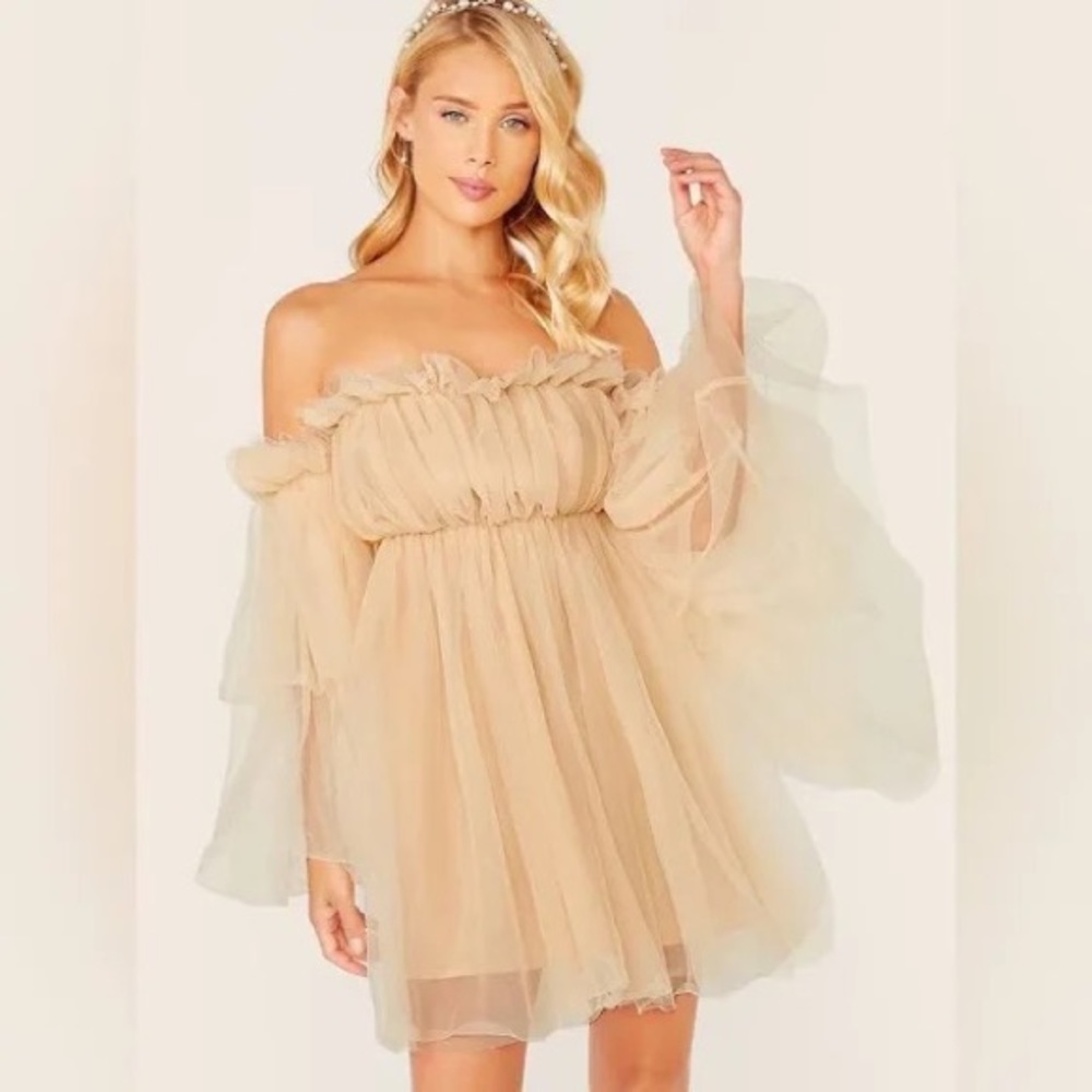 Champagne off shoulder tulle dress